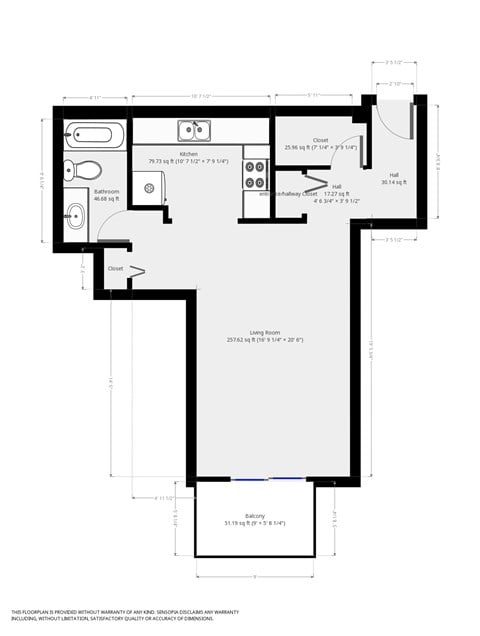 Floor plan for studio, 1 bath, 517 sqft
